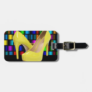 Yellow High Heels & Colourful Square Grids Luggage Tag