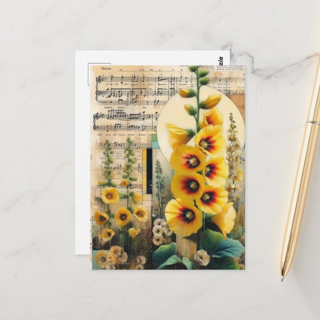 Yellow Hollyhock Collage Postcard (Front/Back In Situ)