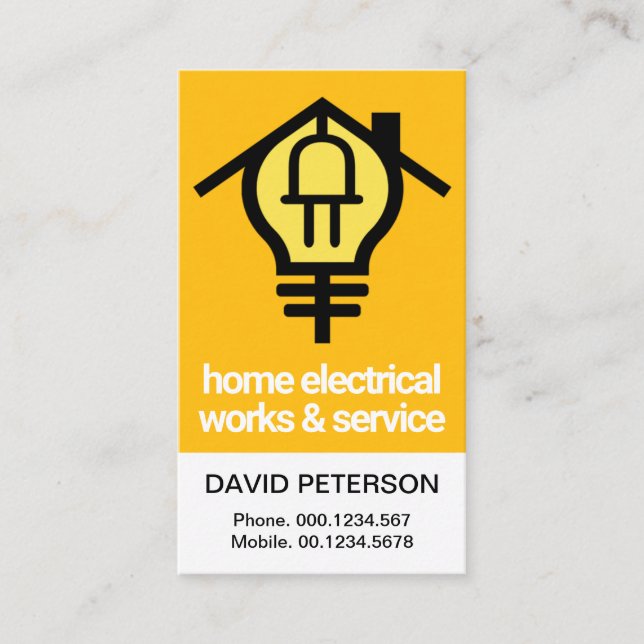 Yellow Home Bulb Power Plug Motif Electrician Business Card (Front)