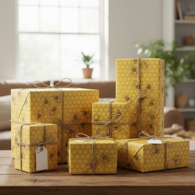 Yellow Honey Bee & Honeycomb Wrapping Paper (Creator Uploaded)