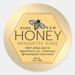 Yellow Honey Hexagon Label Bees Honeycomb Gold 