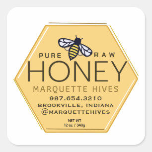 Yellow Honey Hexagon Label with Bees and Honeycomb