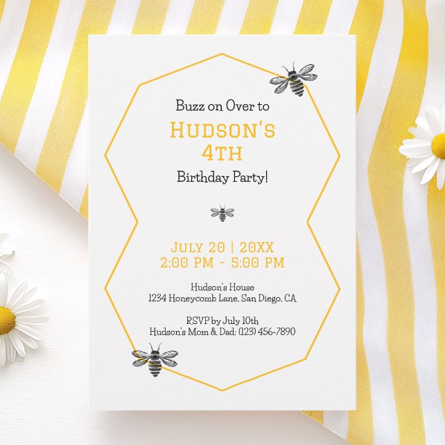 Yellow Honeycomb Bee Day Simple 4th Birthday Party Invitation (Yellow Honeycomb Bee Day Simple 4th Birthday Party Invitation)