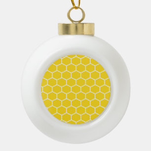 Yellow Honeycomb Geometric White Lines Bumblebee Ceramic Ball Christmas Ornament