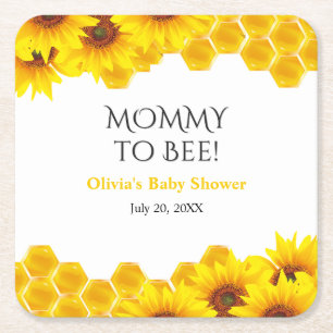 Yellow Honeycomb Mummy to Bee Baby Shower  Square Paper Coaster