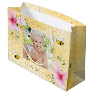 Yellow honeycomb photo pink florals 80th birthday large gift bag