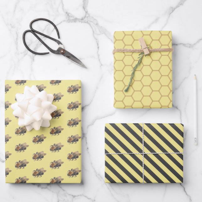 Yellow Honeycomb & Vintage Honeybees & Stripes Wrapping Paper Sheet (Front)