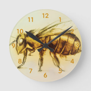 Yellow Hornet Bee Round Clock, Realistic Sketch Clock