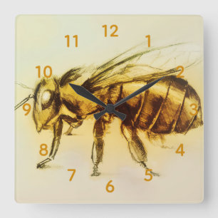 Yellow Hornet Bee Square Clock, Realistic Sketch Square Wall Clock