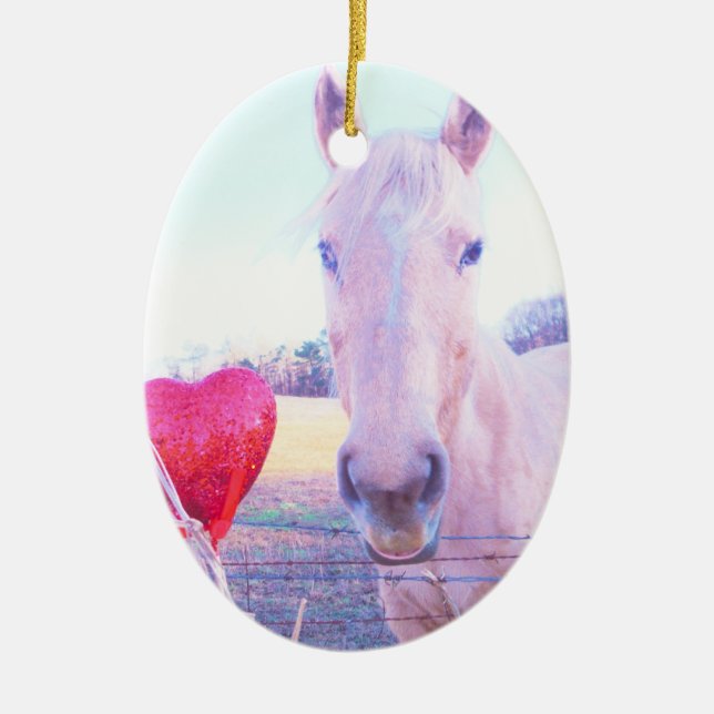 Yellow Horse and Red  Heart Ceramic Tree Decoration (Front)