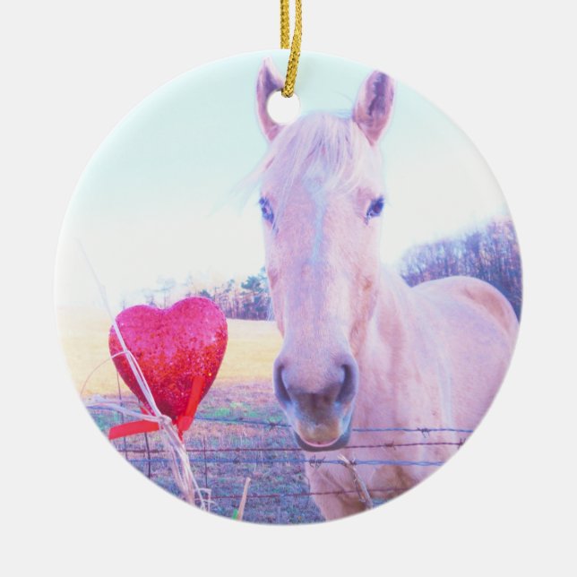 Yellow Horse and Red  Heart Ceramic Tree Decoration (Front)