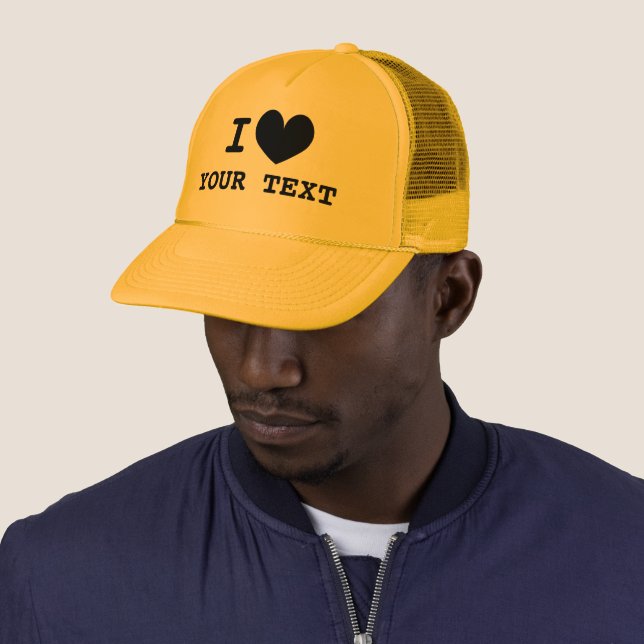 Yellow I HEART trucker hat with black love icon (In Situ)
