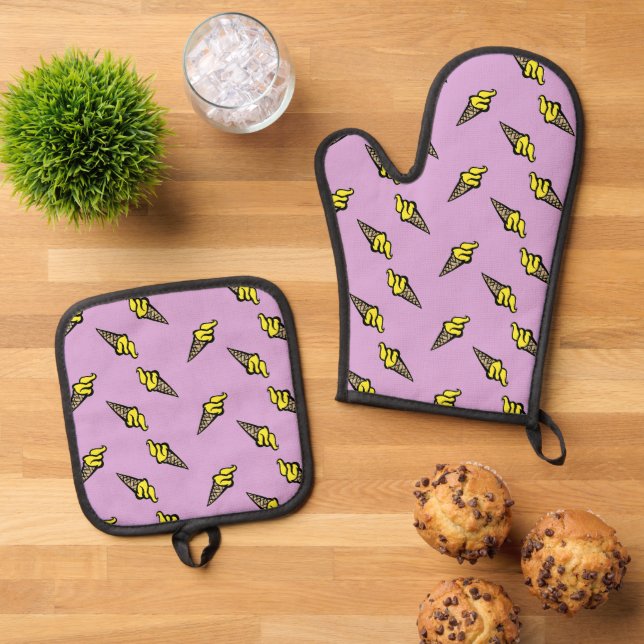 Yellow ice cream on purple oven mitt & pot holder set (Top Down)
