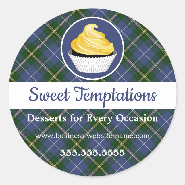 Yellow Icing Cupcake on Tartan Pattern Background Classic Round Sticker (Front)