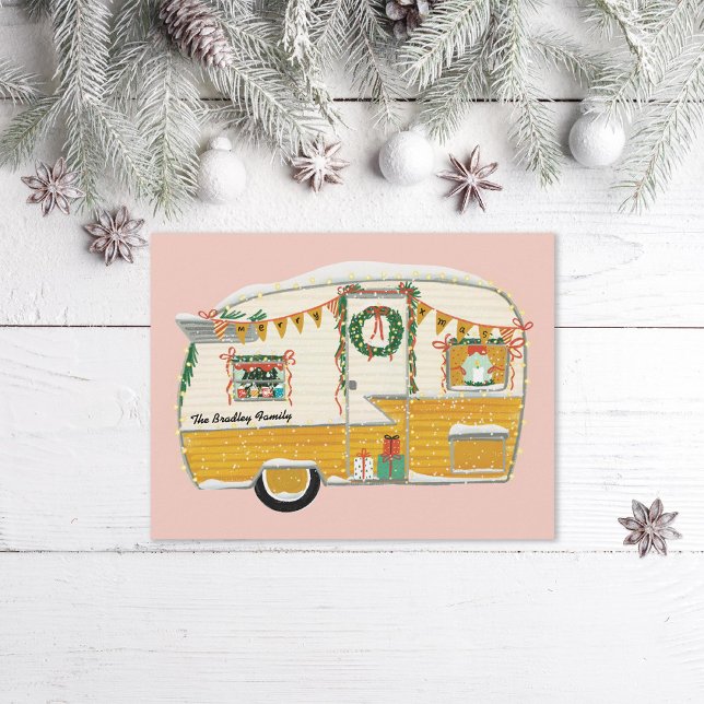 Yellow Illustrated Vintage Trailer  Holiday Postcard (Creator Uploaded)