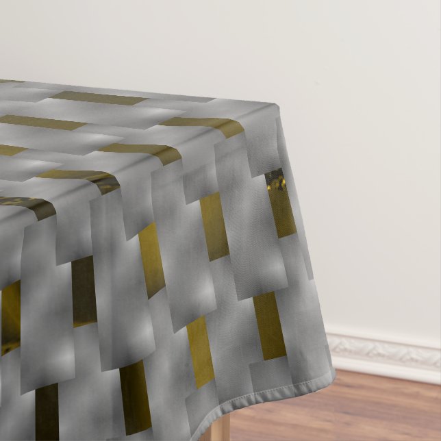 Yellow image under grey plates, oblong squares tablecloth (In Situ)