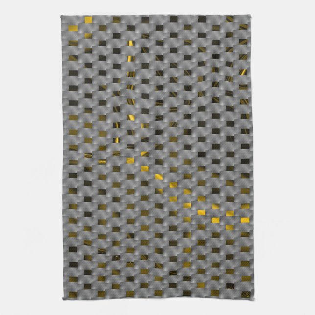 Yellow image under grey plates, oblong squares tea towel (Vertical)