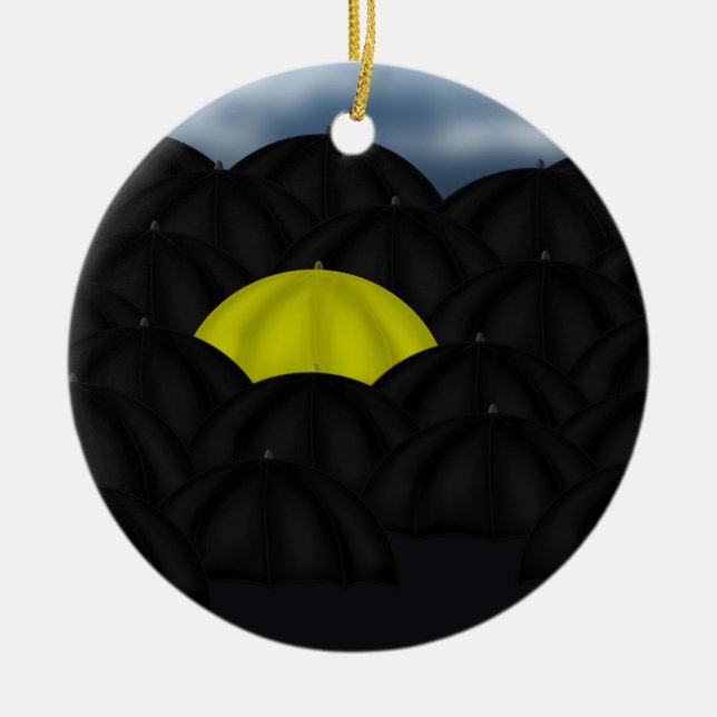 Yellow in a Black Sea of Umbrellas Ceramic Tree Decoration (Front)