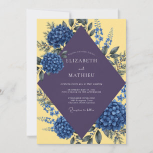 Yellow Indigo Hydrangea Eucalyptus Wedding Invitation