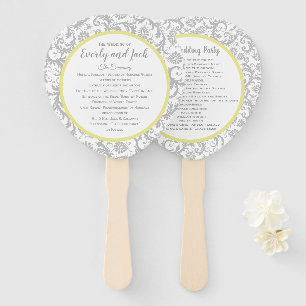 Yellow Iris and Grey Damask Wedding Program Hand Fan