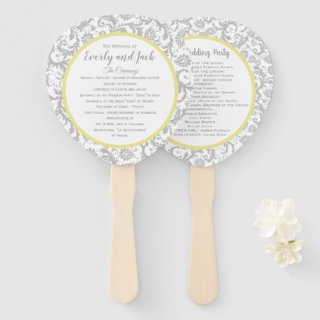 Yellow Iris and Grey Damask Wedding Program Hand Fan (Front and Back)