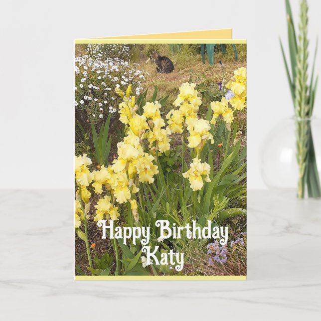 Yellow Iris and Tabby Cat Flowers Birthday Card (Front)