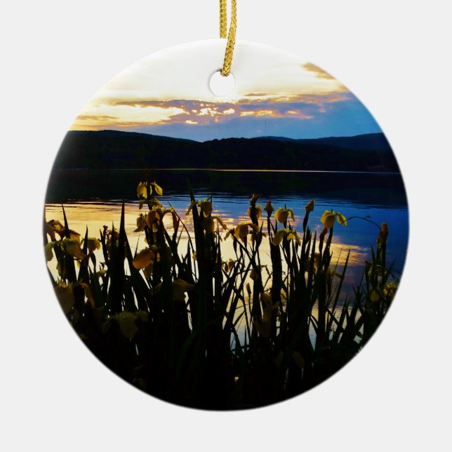 Yellow Iris at Lake Arrowhead shore Ceramic Tree Decoration (Front)