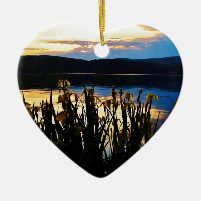 Yellow Iris at Lake Arrowhead shore Ceramic Tree Decoration (Front)