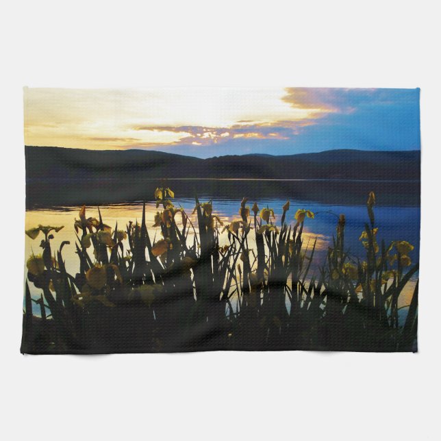 Yellow Iris at Lake Arrowhead shore Tea Towel (Horizontal)