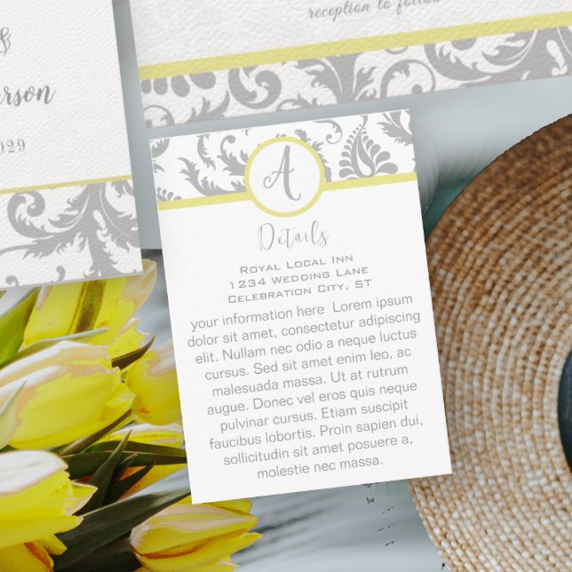 Yellow Iris Damask Wedding Direction Place Card (Creator Uploaded)