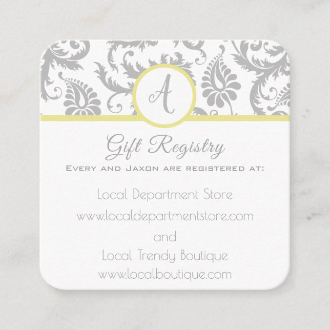 Yellow Iris Damask Wedding Gift Registry Card (Front)
