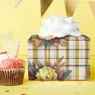 Yellow Iris With Autumn Leaves on Plaid Background Wrapping Paper