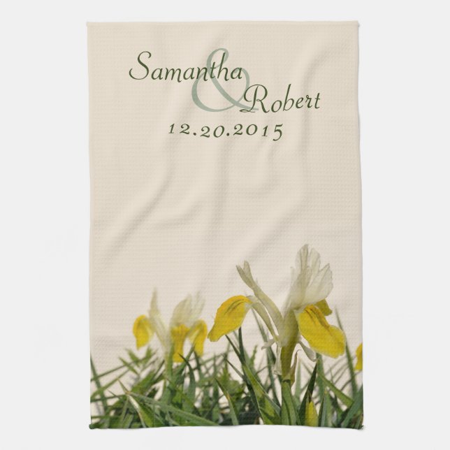 Yellow irises on cream tea towel (Vertical)