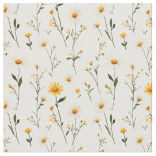Yellow & Ivory Wildflowers on White Fabric