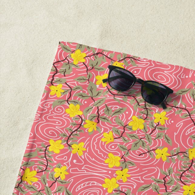 Yellow Jasmine Flower on Coral Beach Towel (In Situ)