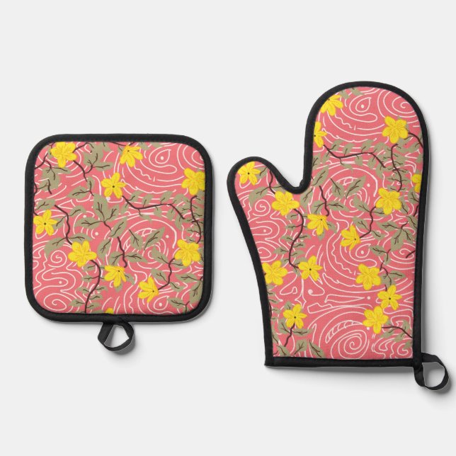Yellow Jasmine Flower on Coral Oven Mitt & Pot Holder Set (Front)