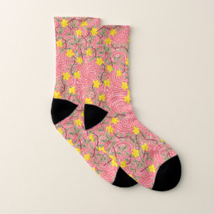 Yellow Jasmine Flower on Coral Pink Socks