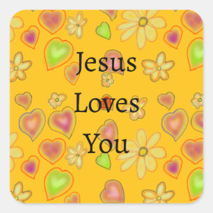 Yellow Jesus Loves You Purple Green Hearts Square Sticker