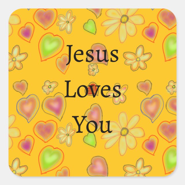 Yellow Jesus Loves You Purple Green Hearts Square Sticker (Front)