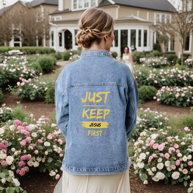 Yellow Just Keep Jesus First Denim Jacket (Wedding Back)