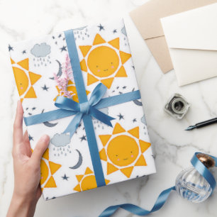 Yellow kawaii suns with stars, moons and clouds wrapping paper