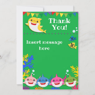 Yellow Kids Shark Green Birthday Thank You Card