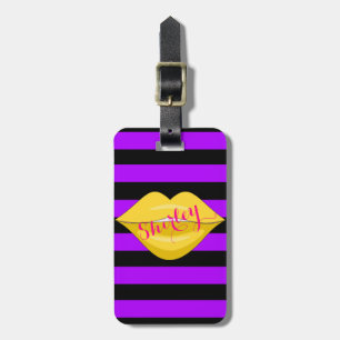 Yellow kiss lips purple black stripes luggage tag