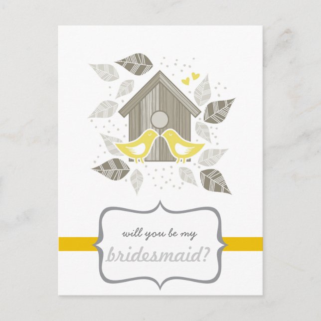 yellow kissing birds my bridesmaid invitation postcard (Front)