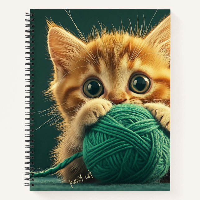 Yellow Kitten Playing with Green Wool Ball Notebook (Front)