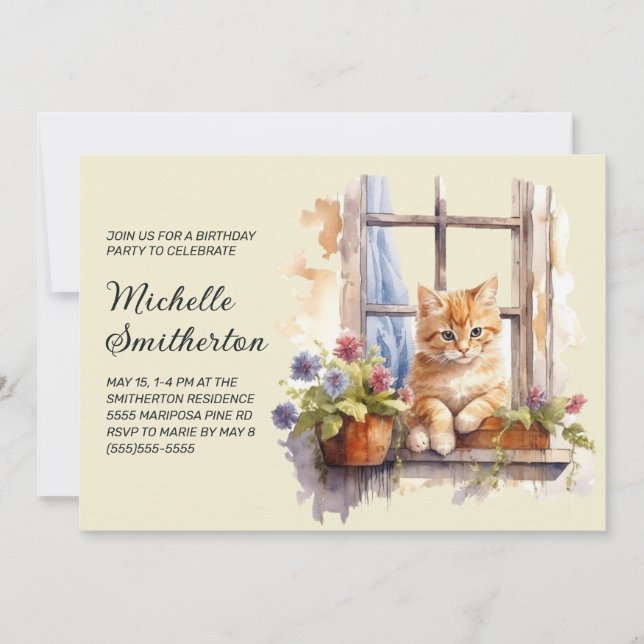 Yellow Kitten Window Flowers Birthday  Invitation (Front)