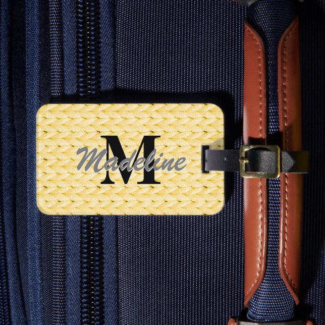 Yellow Knitted Luggage Tag + Name, Monogram (Front Insitu 4)
