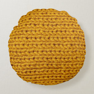 Yellow knitted wool, high-resolution texture. round cushion