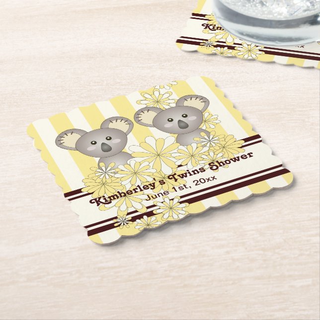 Yellow Koala Twin Baby Shower / Kids Birthday Paper Coaster (Angled)