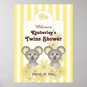 Yellow Koala Twin Baby Shower   Kids Birthday Poster